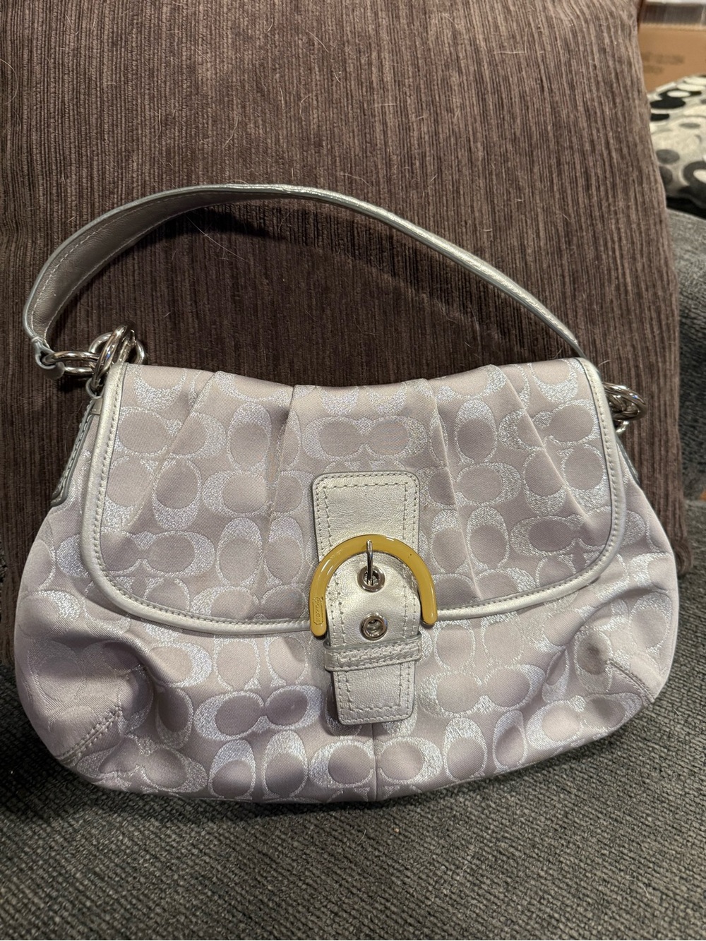 Coach Soho Light Silver Signature Shoulder Bag with Yellow Buckle